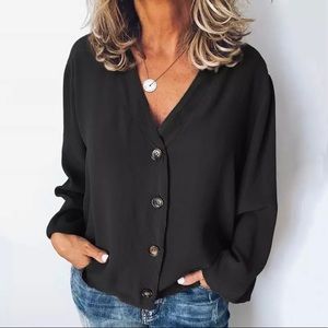 Women Tunic Shirt Casual Solid Longsleeve V-neck.